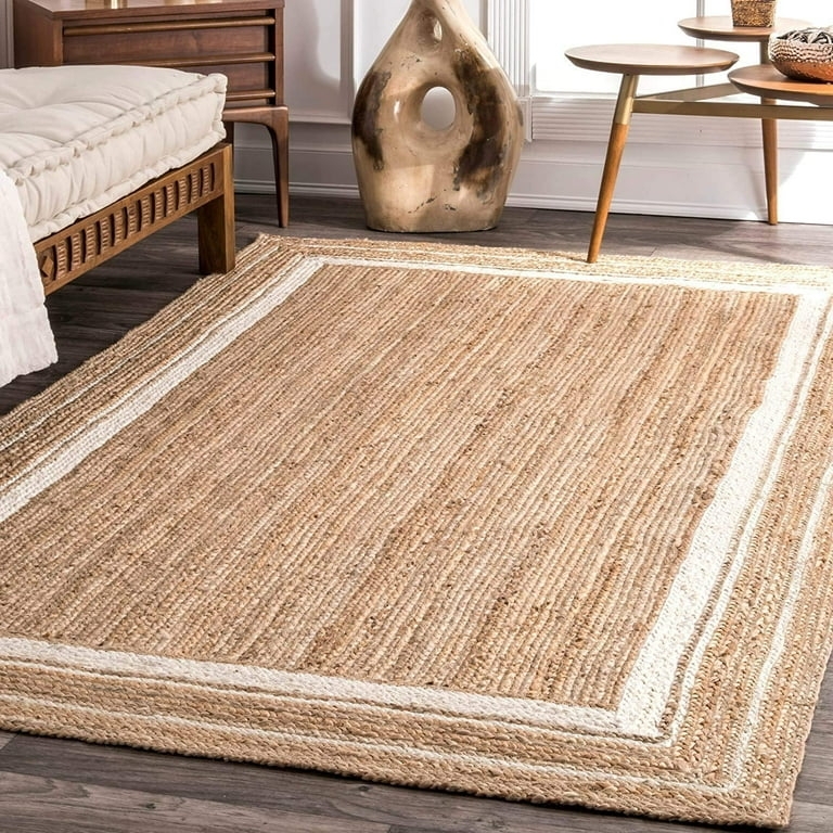 Jute Area Rug: Natural Fiber with White Border, Coastal Modern Style