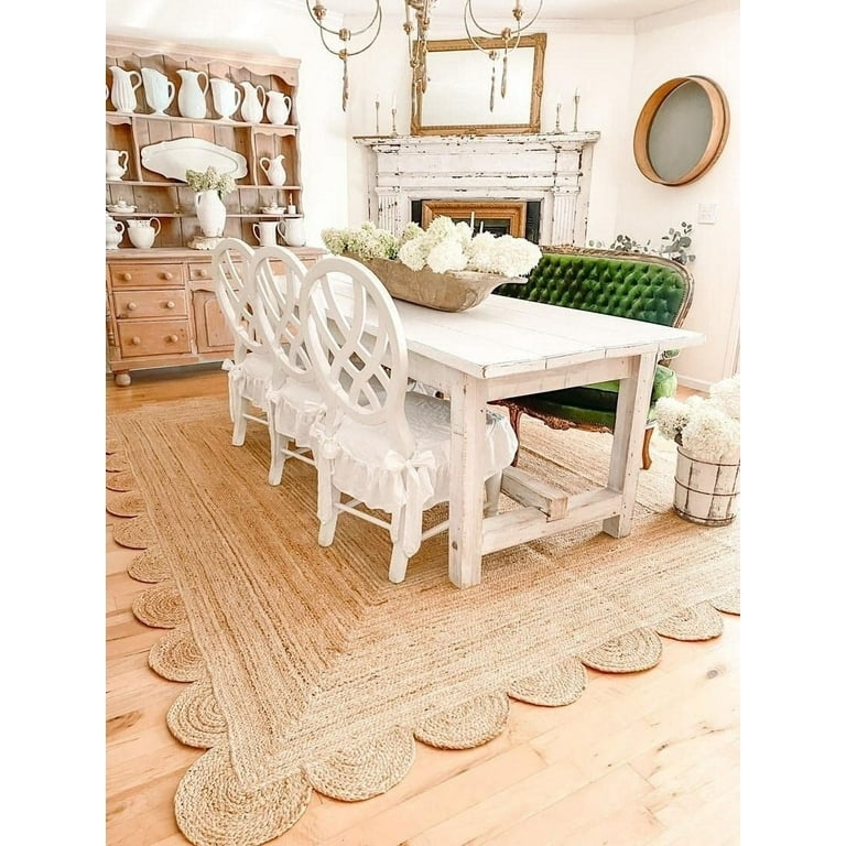 Jute Area Rug: Scalloped Edges, Natural Fiber Woven Texture, Boho Chic