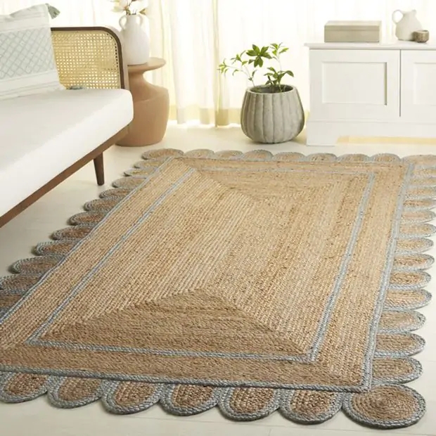 Jute Area Rug: Woven Fiber with Light Blue Scalloped Border Detail