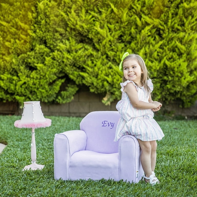 Kids Armchair Pink Microsuede Personalized Embroidery Rolled Arms