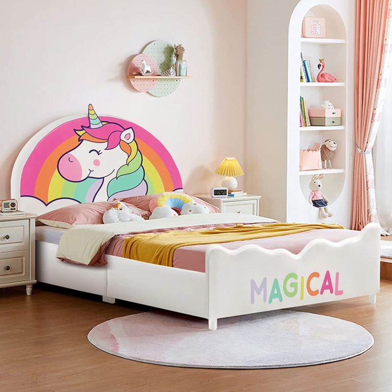 Kids Bed Blush Pink Upholstered Unicorn Headboard Whimsical Style
