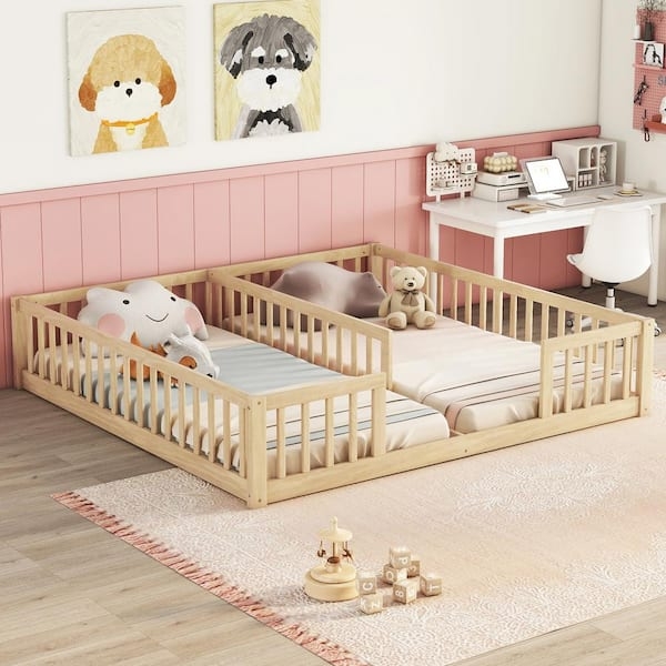 Kids Bed Double Twin Capacity Natural Wood Fence Railing Shared