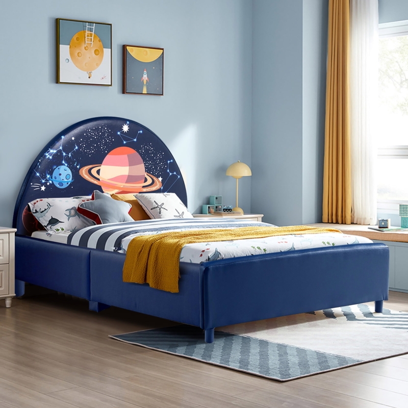 Kids Bed Navy Blue Upholstered Galaxy Pattern Rounded Headboard