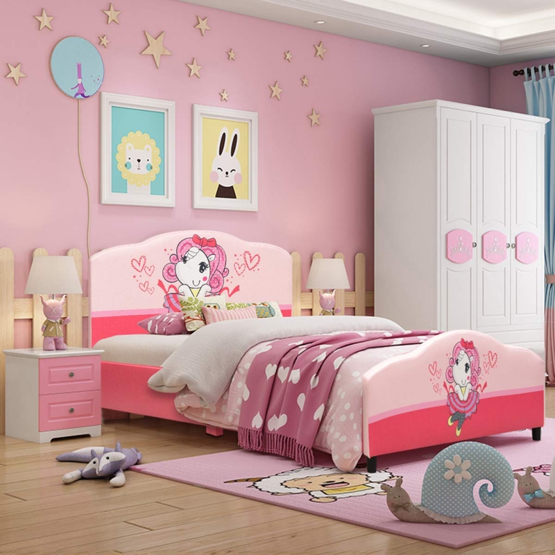 Kids Bed Pink Velvet Strawberry Shaped Upholstered Headboard
