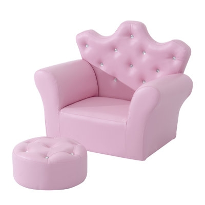 Kids Club Chair Pink Crown Silhouette with Matching Ottoman and Piping