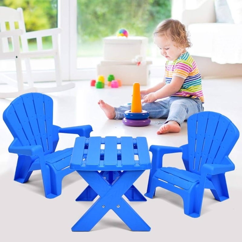 Kids Outdoor Furniture Set Blue Adirondack Chairs Slatted Table