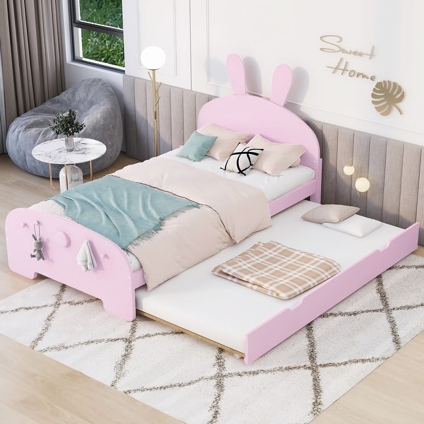 Kids Platform Bed with Ear-Shaped Headboard - Pink Kids Bed