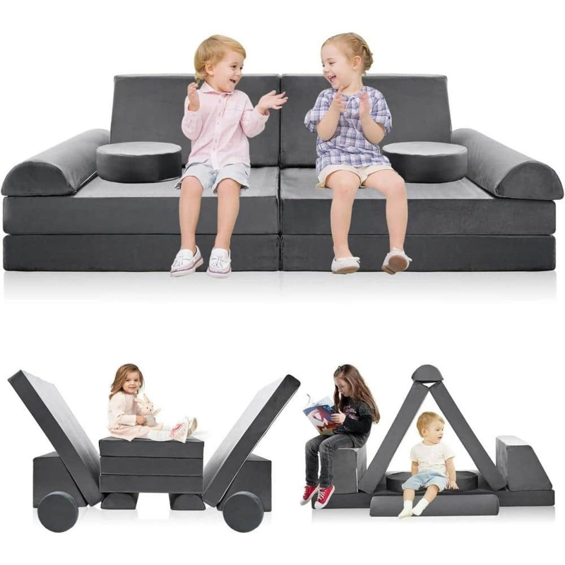 Kids Play Sofa 10-Piece Modular Set Convertible Foam Gray Fabric