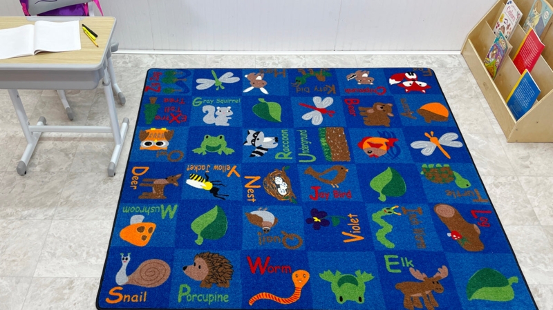 Kids Rug Animal Vocabulary Labels Circular Motif Vibrant Blue
