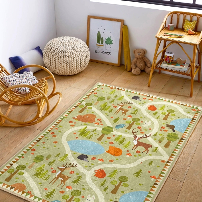 Kids Rug Forest Jungle Theme Beige Green Nursery Layout
