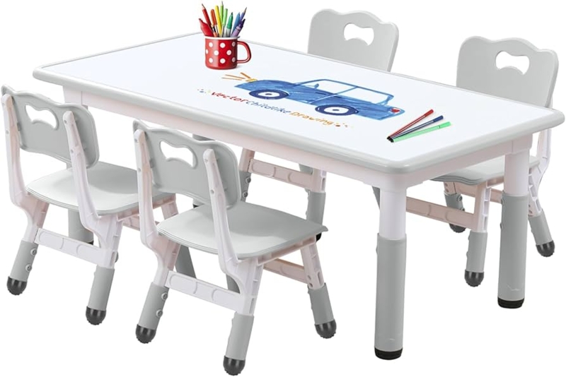 Kids Table and Chair Set Adjustable Height with Storage Bins