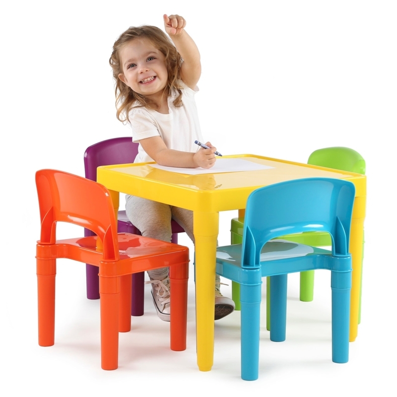 Kids Table and Chair Set Grey Tabletop with Four Colorful Chairs