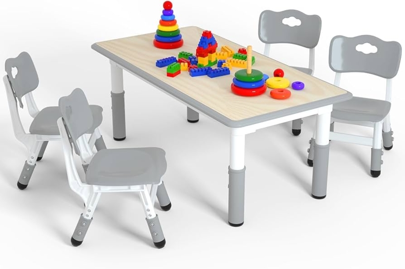 Kids Table and Chair Set Height Adjustable Legs Wood and White 5-Piece