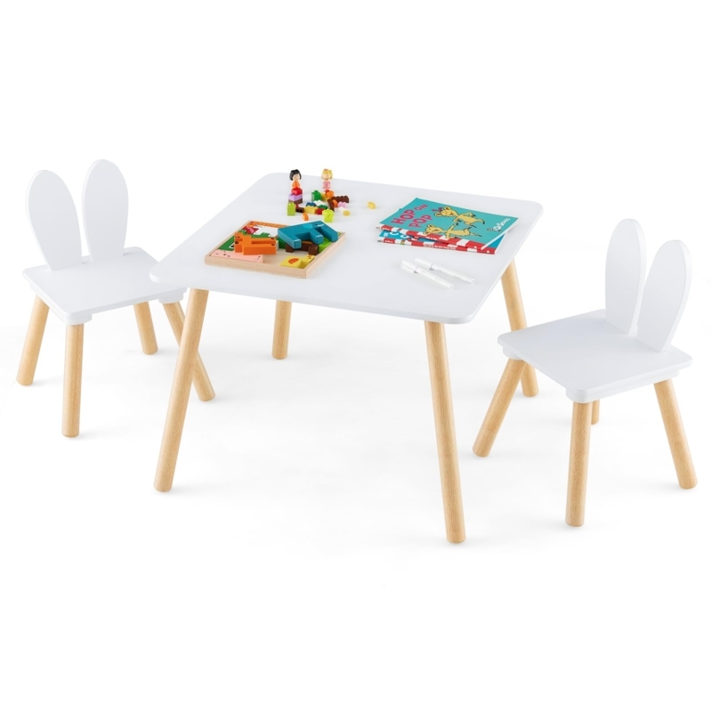 Kids Table and Chair Set White with Rabbit Ear Backs and Splayed Legs