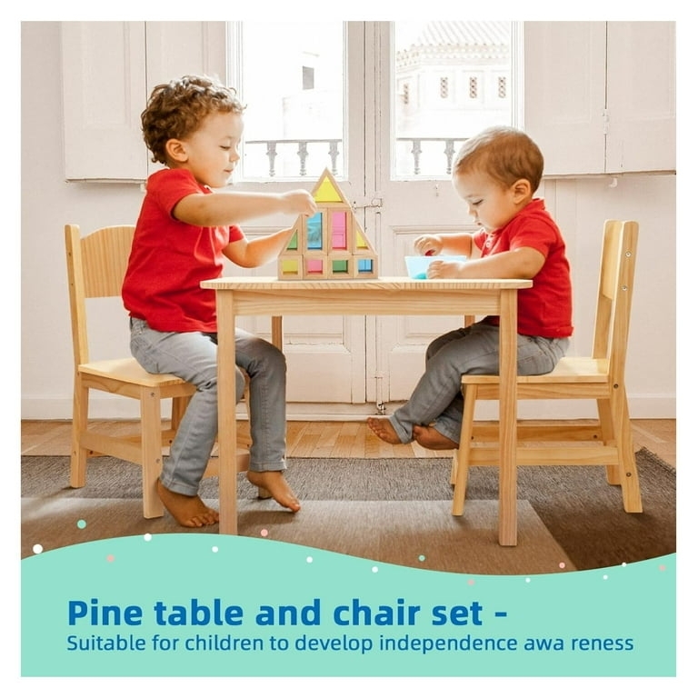 Kids Table & Chair Set Natural Tone Slat Back Tapered Legs