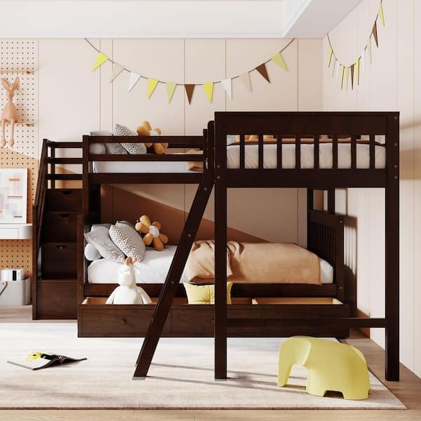 L-Shaped Bunk Bed Espresso Finish Staircase Entry Storage Drawers
