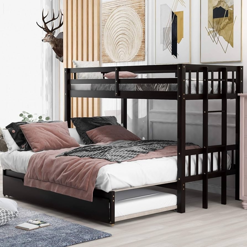 L-Shaped Bunk Bed in Espresso with Trundle and Integrated Ladder