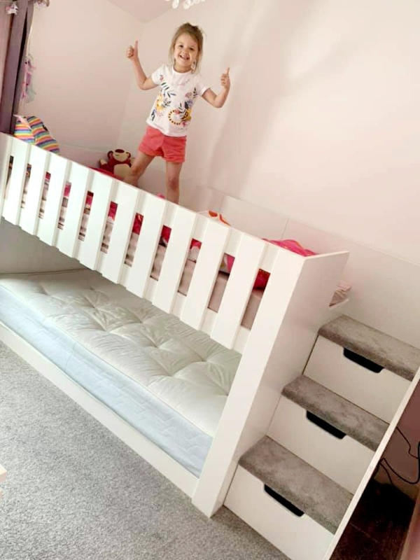 L-Shaped Bunk Bed Layout White Finish Built-In Storage Shelving
