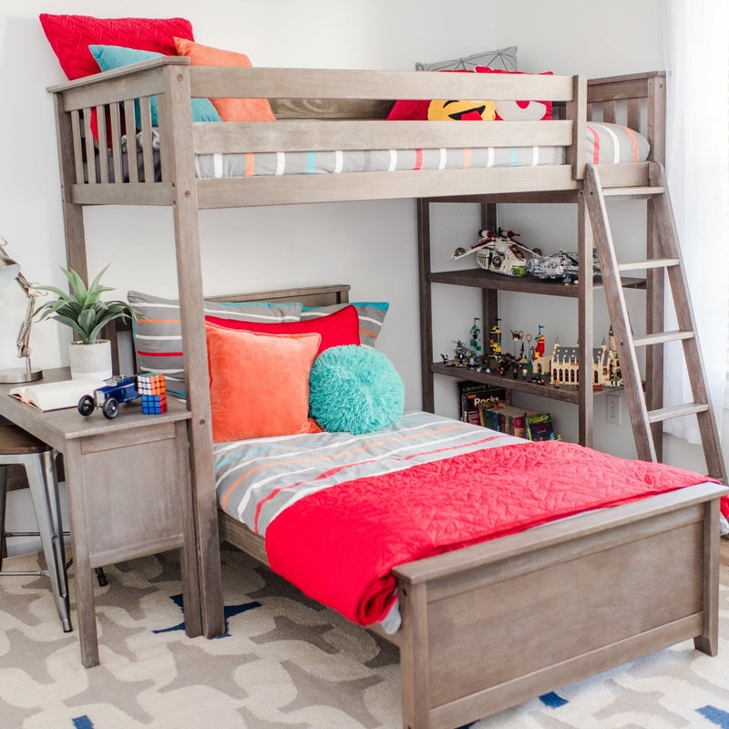 L-Shaped Bunk Bed White Twin Over Twin with Integrated Desk
