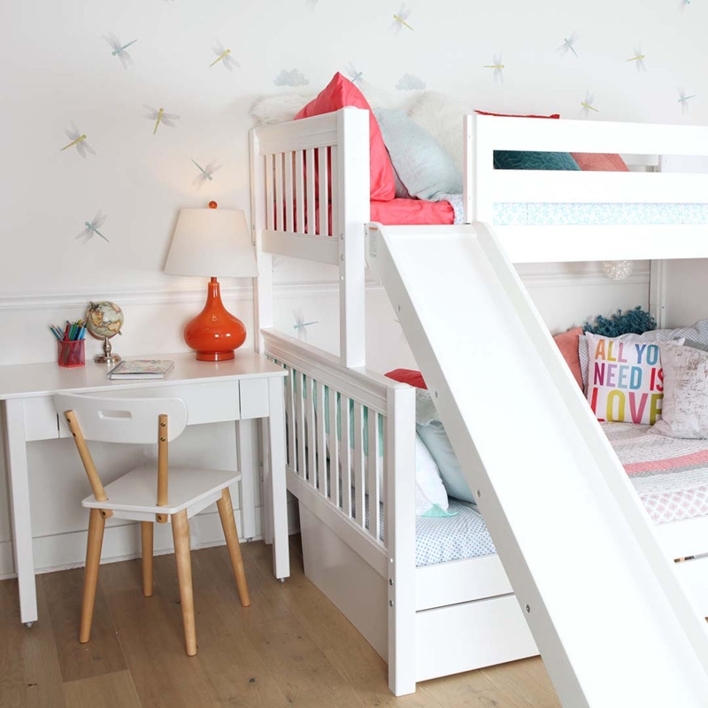 L-Shaped Bunk Bed with Desk, White Transitional Workstation