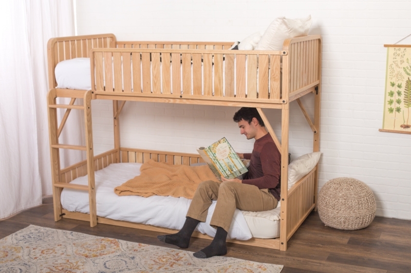 L-Shaped Bunk Bed with Fabric Panels, Scandinavian Natural Wood