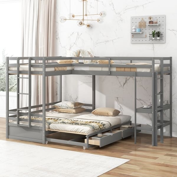 L-Shaped Bunk Bed with Integrated Desk and Underbed Storage Drawers