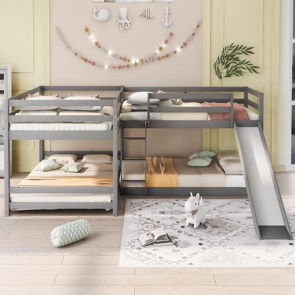 L-Shaped Bunk Bed with Slide for Four Kids in Gray Finish