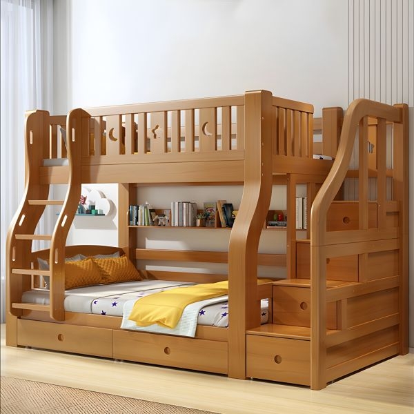 L-Shaped Bunk Bed with Trundle and Integrated Bookshelf in Walnut