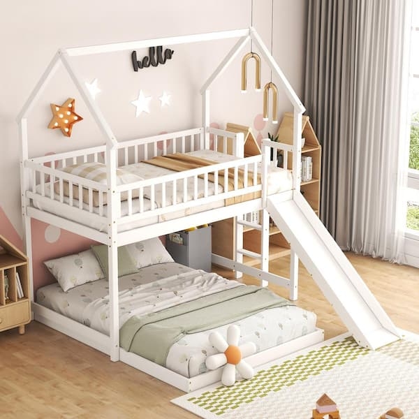L-Shaped House Bunk Bed with Slide, Playful Design