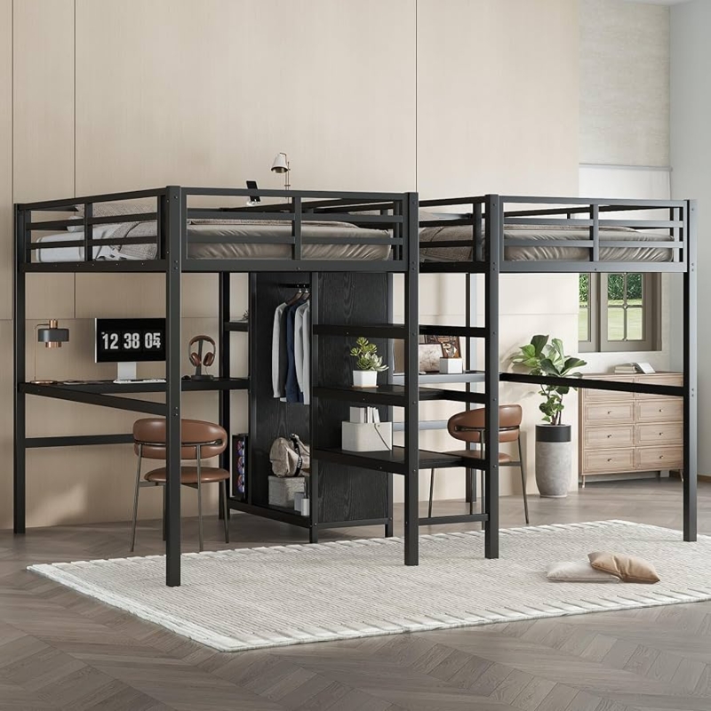 L-Shaped Loft Bed Black Metal Double Workstation Integrated Wardrobe