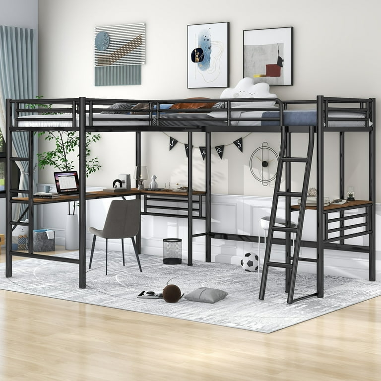 L-Shaped Loft Bed Metal Frame with Two Built-In Desks