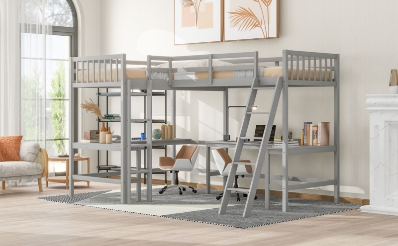 L-Shaped Loft Bed System Gray Dual Bunks Integrated Desks Shared