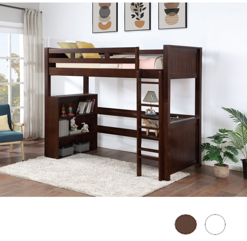 L-Shaped Loft Bed with Desk and Vertical Storage Drawers