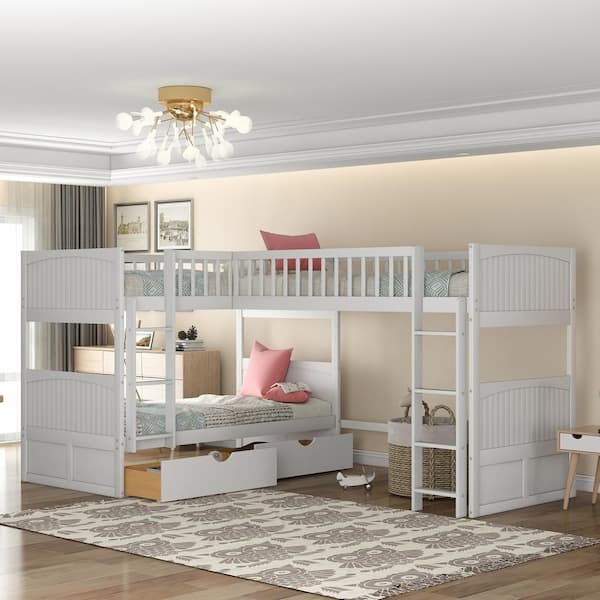 L-Shaped Triple Bunk Bed with Storage Drawers
