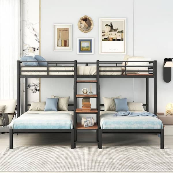 L-Shaped Triple Bunk Bed with Storage Staircase, Metal