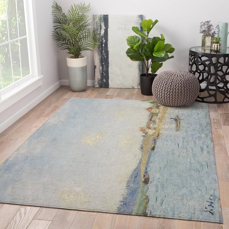 Landscape Painting Area Rug with Scenic River Motif