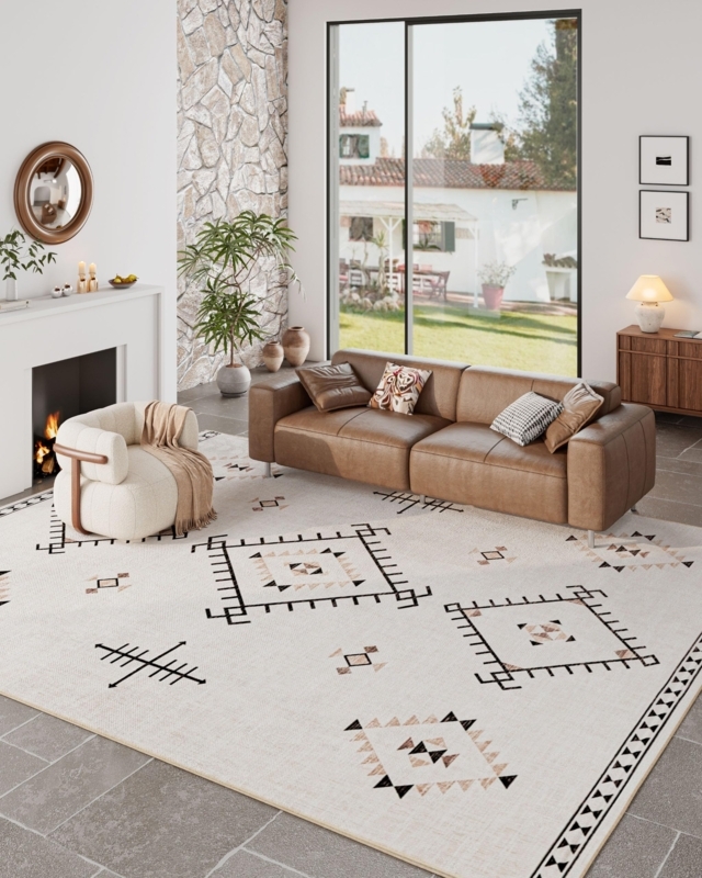 Large Area Rug Beige Diamond Pattern Washable Boho Chic