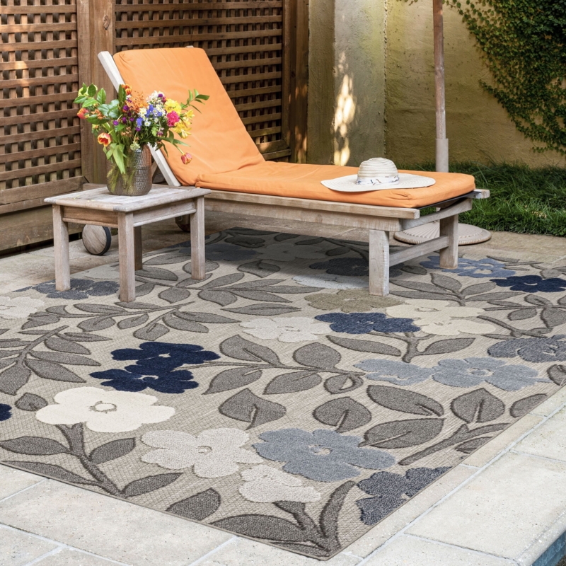 Large Area Rug, High-Contrast Navy Floral, Patio Seating Decor