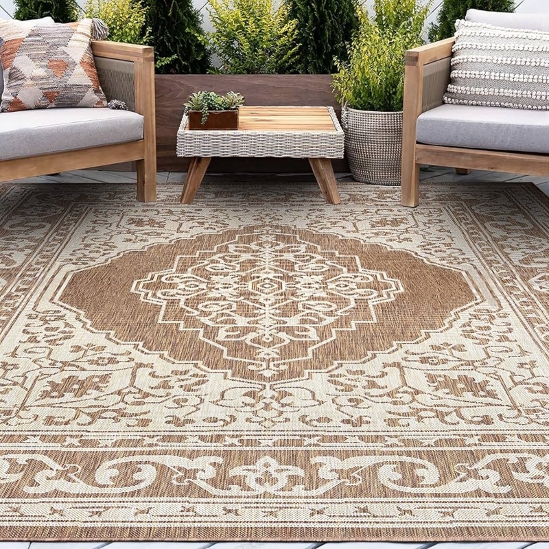 Large Outdoor Area Rug Brown Lattice Pattern Weather Resistant
