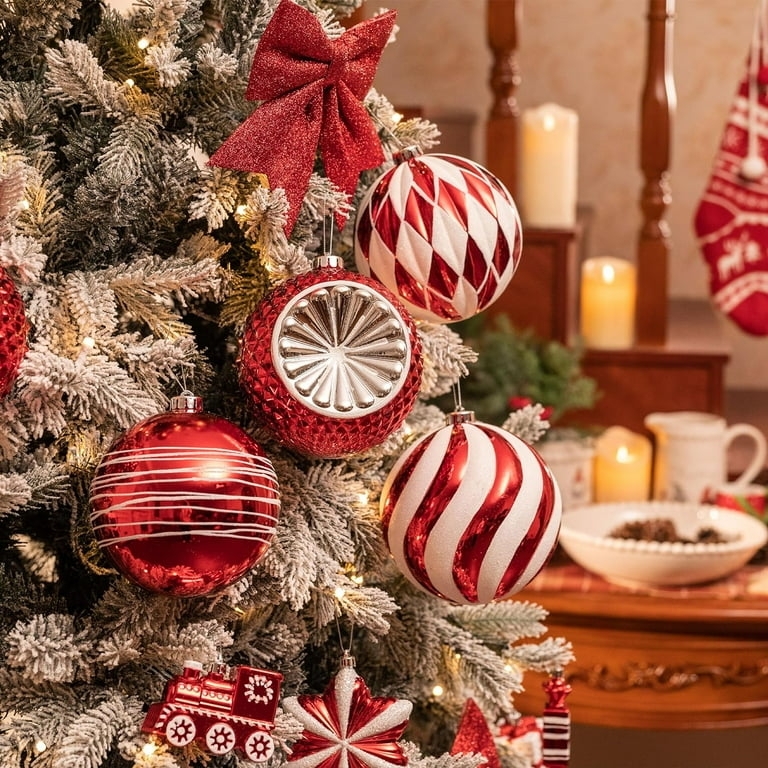 Large Red and White Christmas Ornaments with Geometric Snowflake Motifs