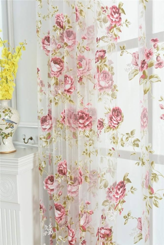 Large-Scale Roses Sheer Curtains Voile Rod Pocket Airy Floral Window Treatment