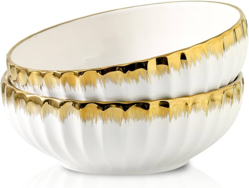 Large Serving Bowls with Gold Trim and White Ceramic Finish