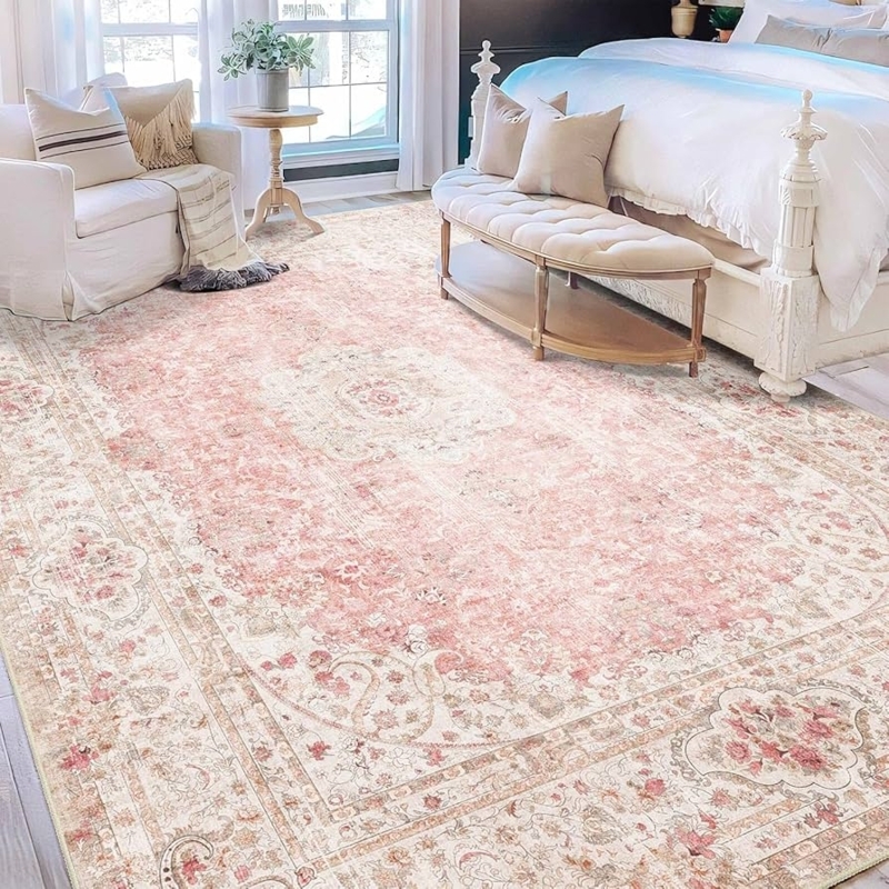 Large Washable Faded Blush Bohemian Area Rug Style