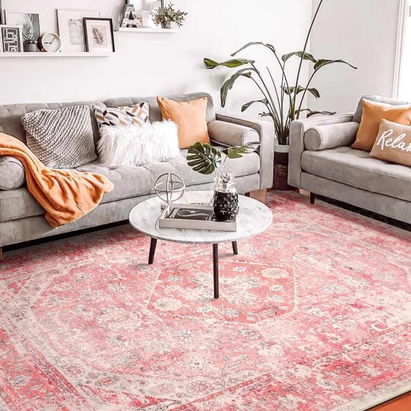 Large Washable Pink Botanical Area Rug Boho Decor