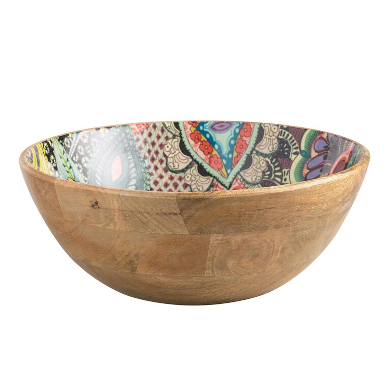 Large Wood Serving Bowl, Geometric Enameled Interior, Vibrant Pattern