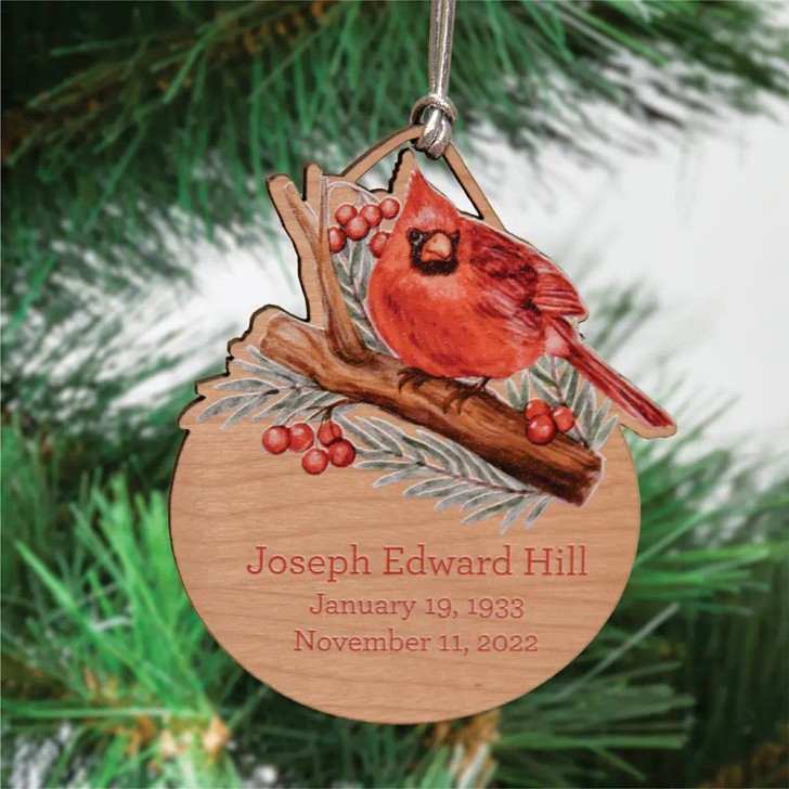 Laser Cut Wood Holiday Decor, Rustic Memorial Cardinal Ornament Engraved