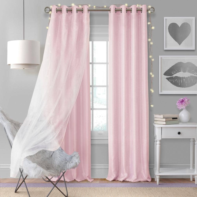 Layered Curtain Panel with Sheer Overlay & Grommet Top, Soft Pink Blackout Curtains