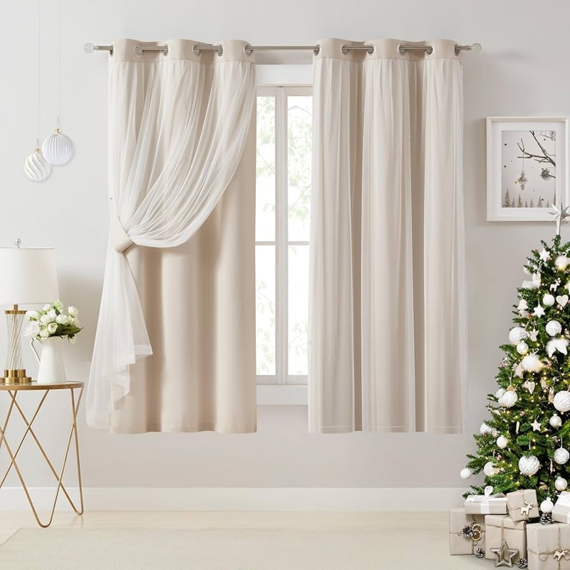 Layered Curtains with Sheer Overlay, Beige & White Grommet Top