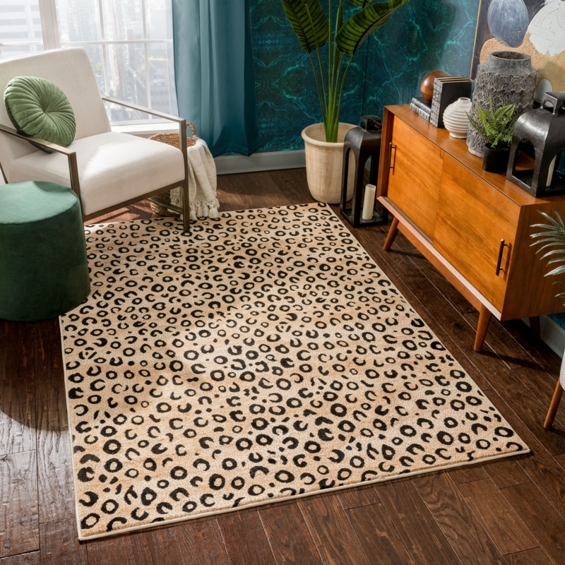 Leopard Pattern Area Rug, Beige & Black, Modern Glam, Woven Texture