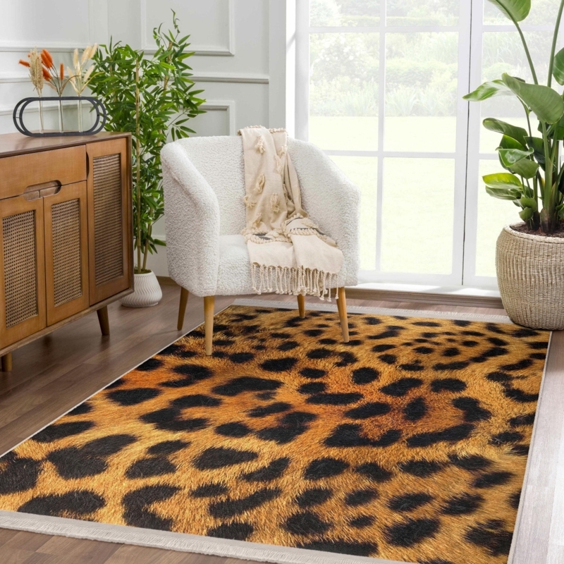 Leopard Pattern Area Rug, Safari Chic, Tan & Black, Low-Pile, Bold Style